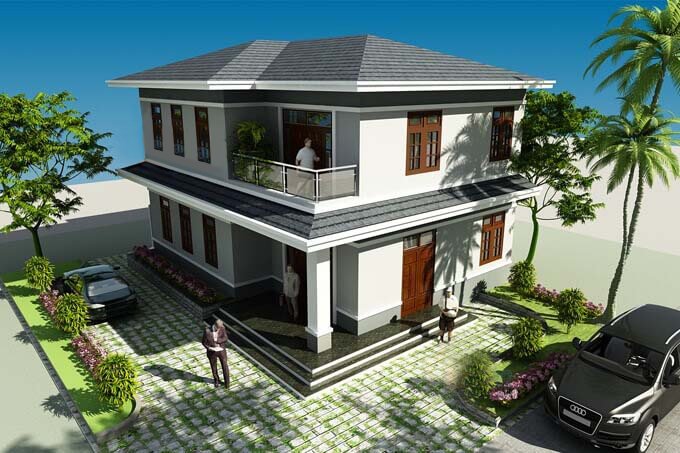 Phối cảnh 3D mẫu biệt thự 2 tầng 3 ph&ograve;ng ngủ hiện đại