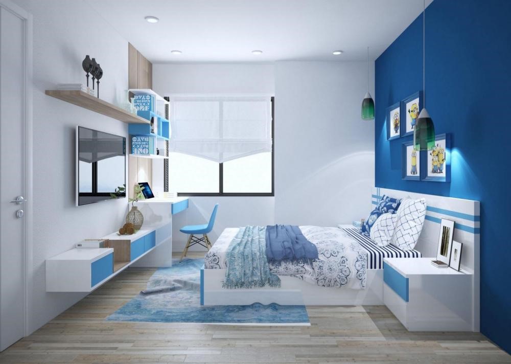 Thiết kế ph&ograve;ng ngủ con trai lớn t&iacute;ch hợp g&oacute;c học tập, l&agrave;m việc gọn đẹp.