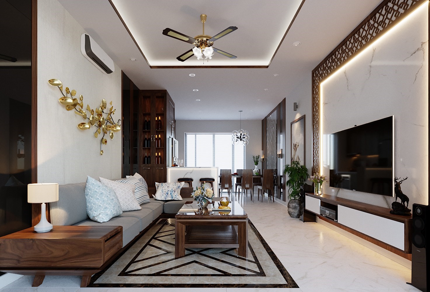Ph&ograve;ng kh&aacute;ch, ph&ograve;ng ăn, bếp được thiết kế li&ecirc;n th&ocirc;ng liền mạch tạo kh&ocirc;ng gian sinh hoạt chung rộng r&atilde;i, tho&aacute;ng s&aacute;ng.