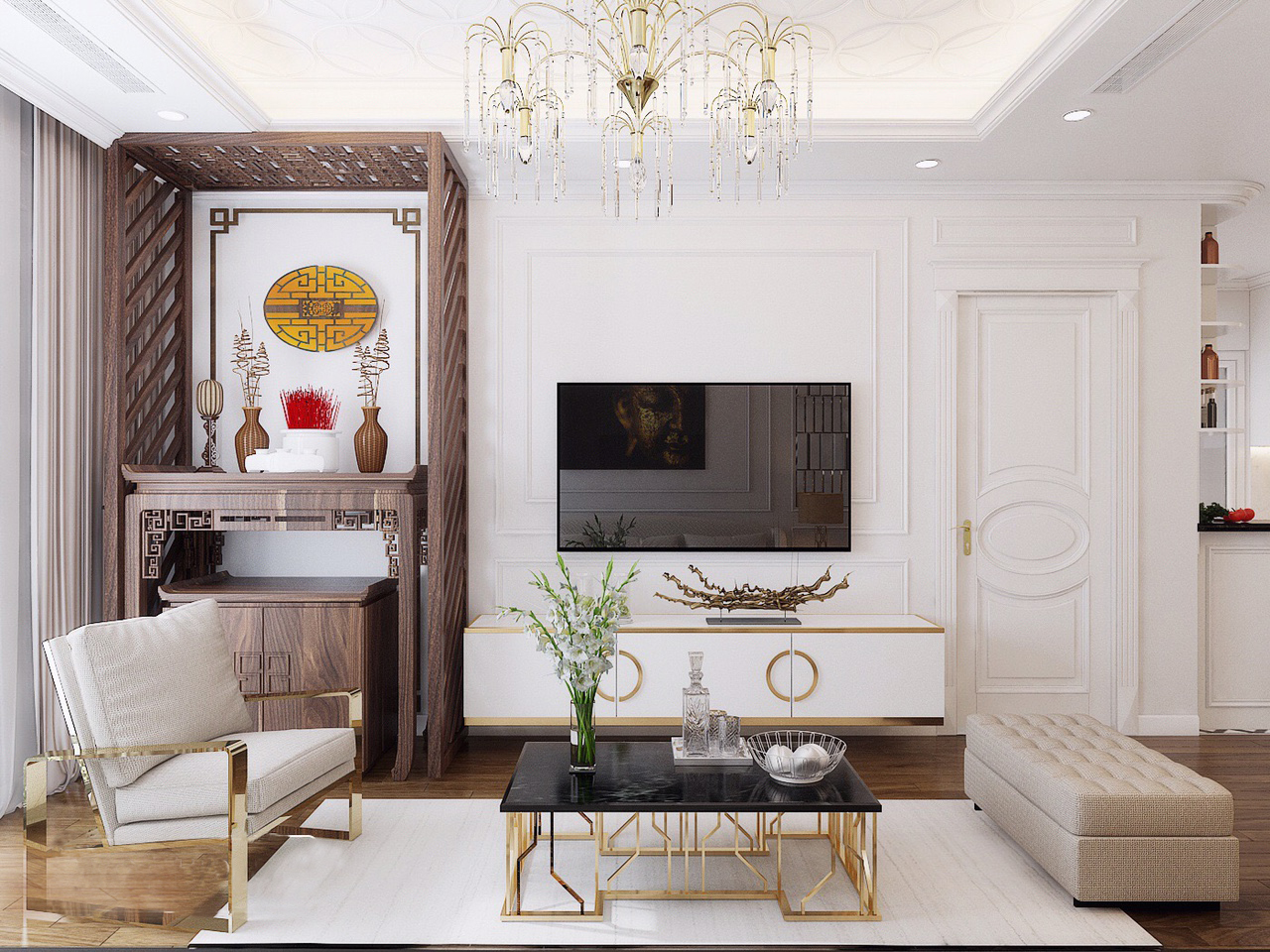 Kiến tr&uacute;c sư sử dụng bảng m&agrave;u trắng s&aacute;ng chủ đạo nhằm mang lại cảm gi&aacute;c rộng r&atilde;i về mặt trực quan cho căn hộ 1 ph&ograve;ng ngủ 60m2.