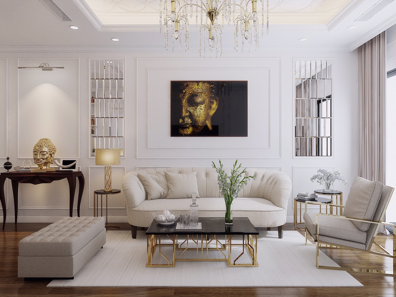 Ph&ograve;ng kh&aacute;ch t&acirc;n cổ điển m&agrave;u trắng chủ đạo