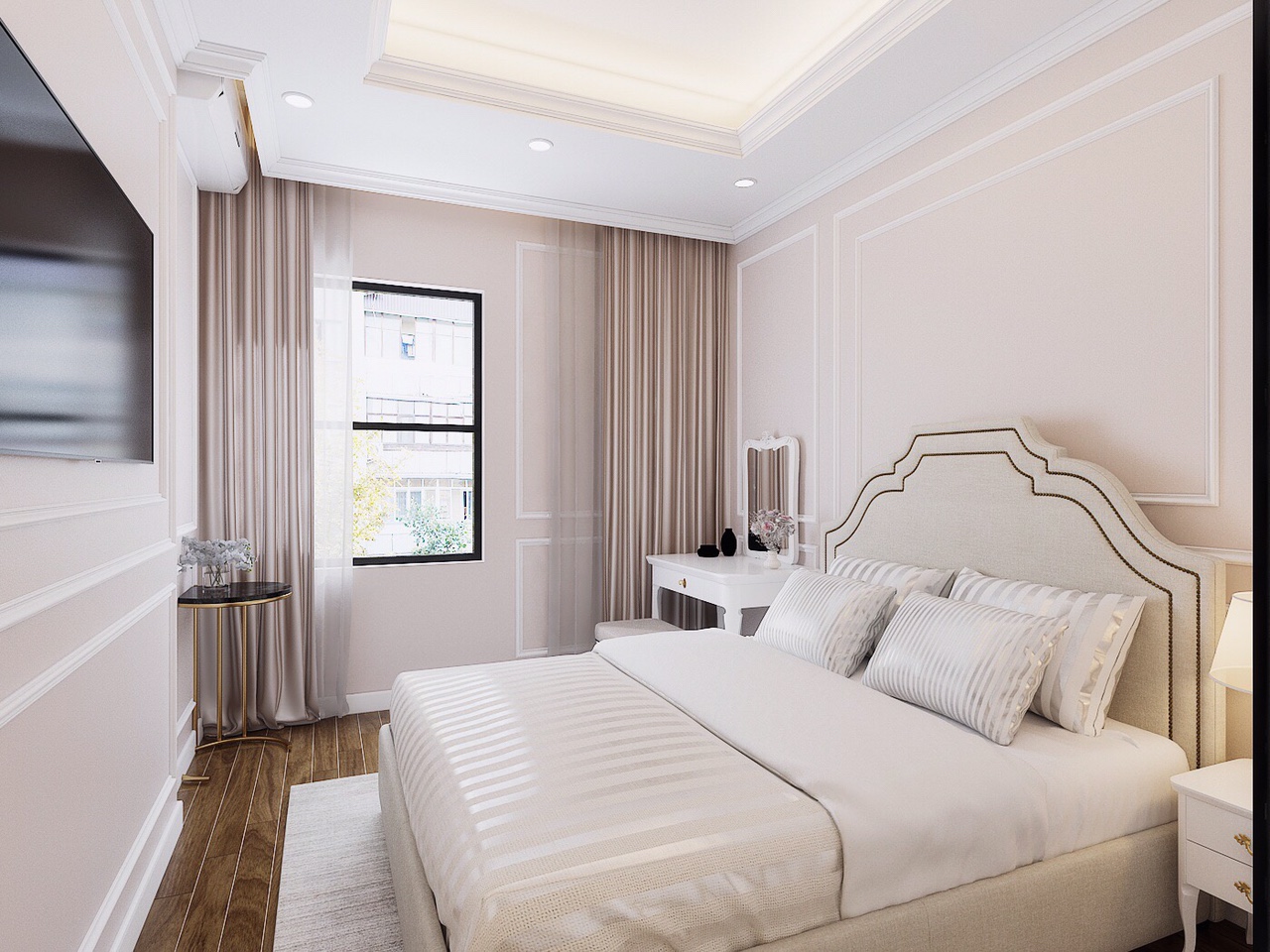 B&agrave;n trang điểm c&oacute; thiết kế nhỏ gọn, tinh giản. Gương soi được bố tr&iacute; kh&eacute;o l&eacute;o để h&uacute;t s&aacute;ng tự nhi&ecirc;n từ khung cửa sổ k&iacute;nh cạnh đ&oacute;.