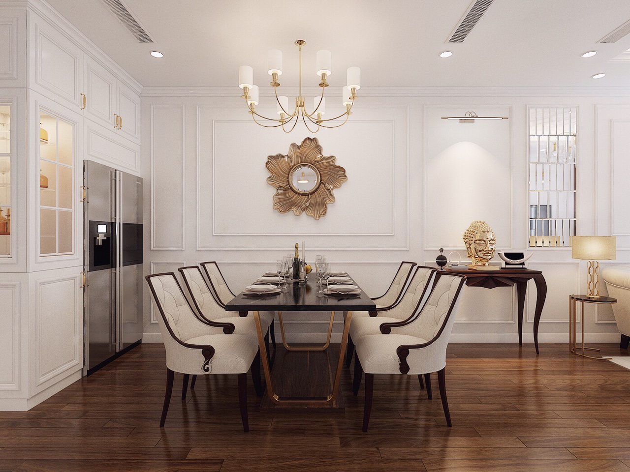 Ph&ograve;ng ăn sang trọng với ghế ăn bọc nệm m&agrave;u trắng, đ&egrave;n ch&ugrave;m, khung gương mặt trời.