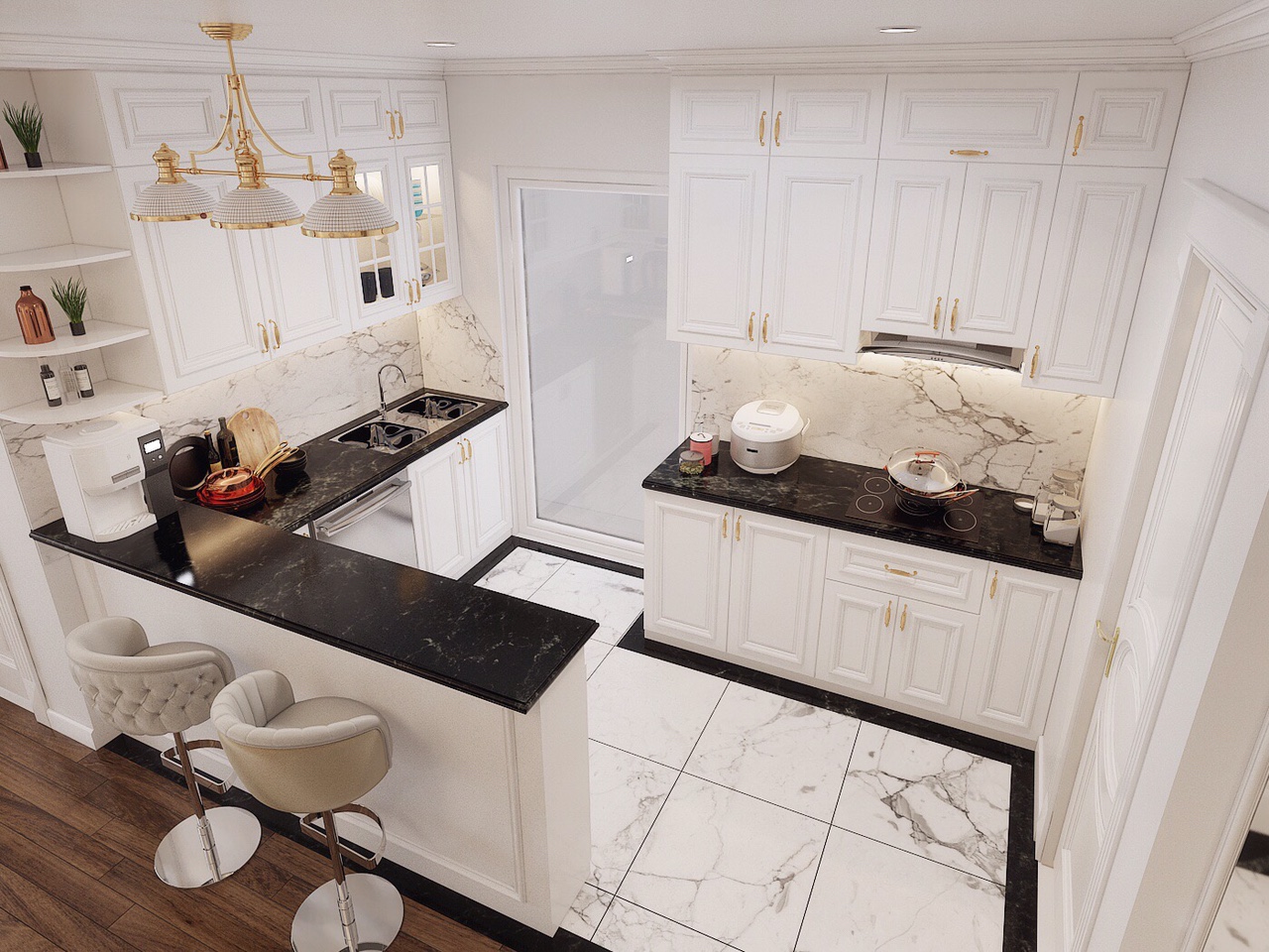 Gian bếp tuy kh&ocirc;ng được rộng r&atilde;i nhưng vẫn rất gọn g&agrave;ng v&agrave; đầy đủ tiện nghi hiện đại. B&agrave;n đảo ki&ecirc;m chức năng quầy bar mini, g&oacute;c ăn s&aacute;ng tiện lợi.