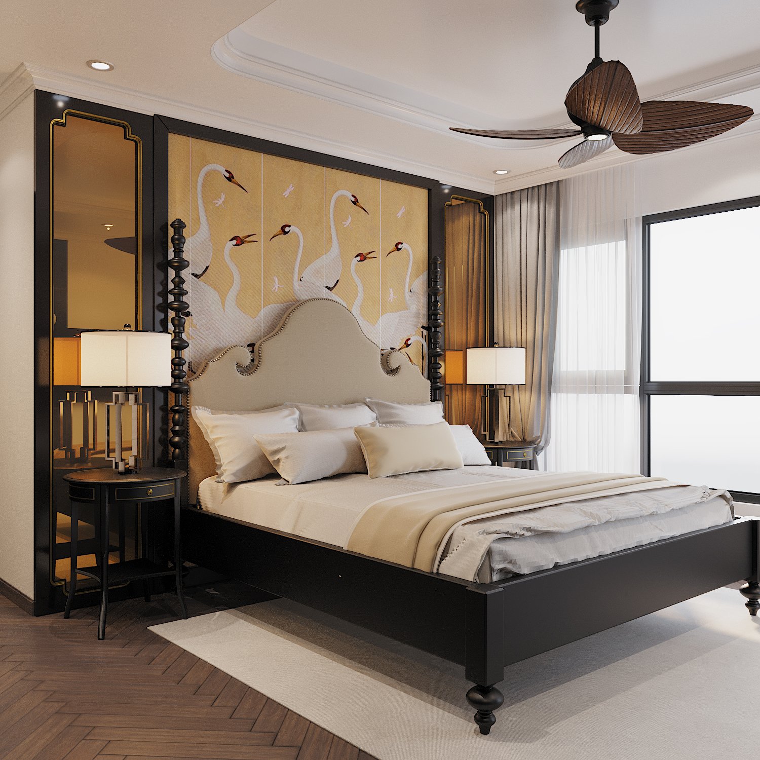 ph&ograve;ng ngủ ngập tr&agrave;n &aacute;nh s&aacute;ng, tranh tường chim hạc đầu giường