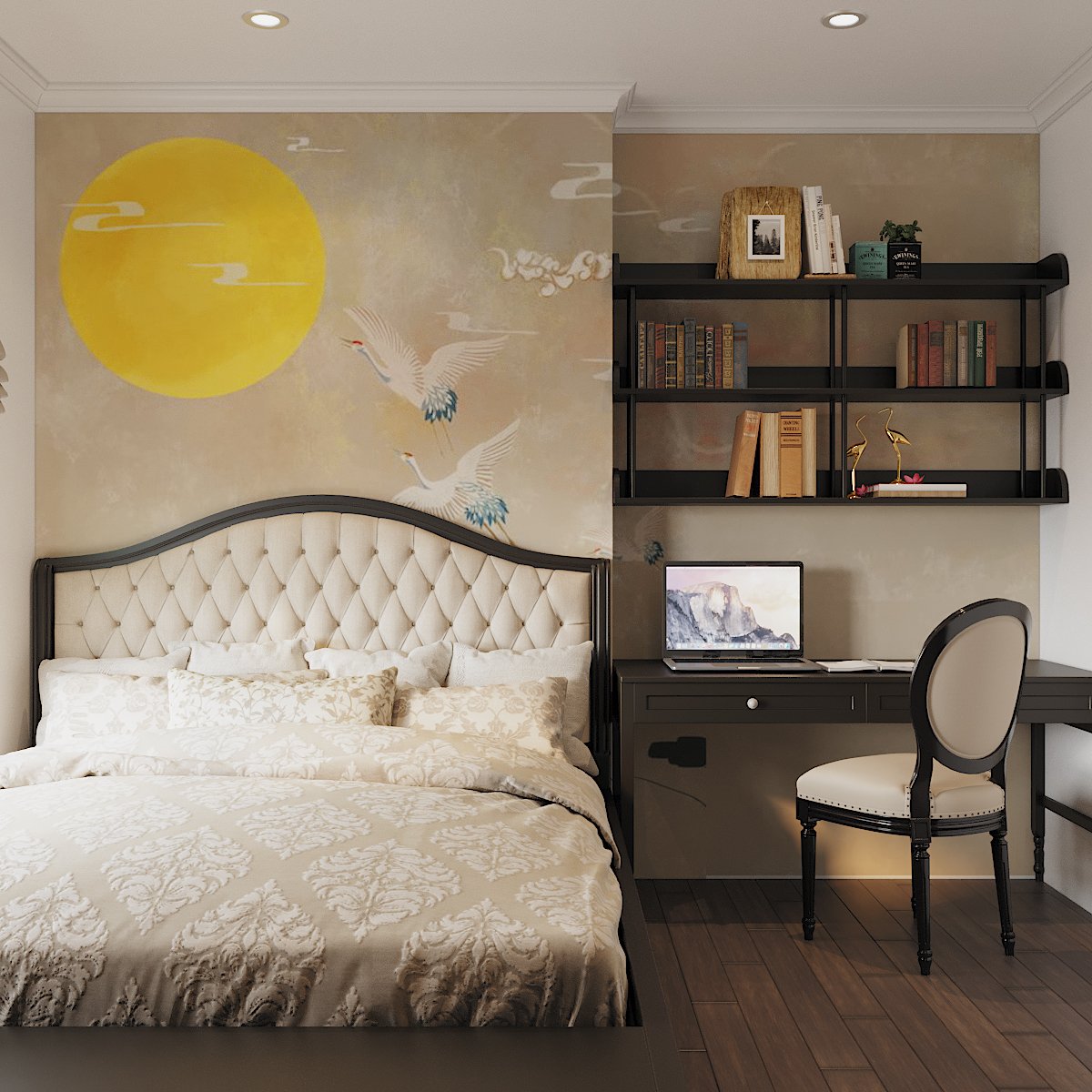Ph&ograve;ng ngủ thứ hai trong căn hộ 166m2 được thiết kế nhẹ nh&agrave;ng, tối giản hơn nhưng vẫn đảm bảo sự nhất qu&aacute;n của phong c&aacute;ch Indochine.