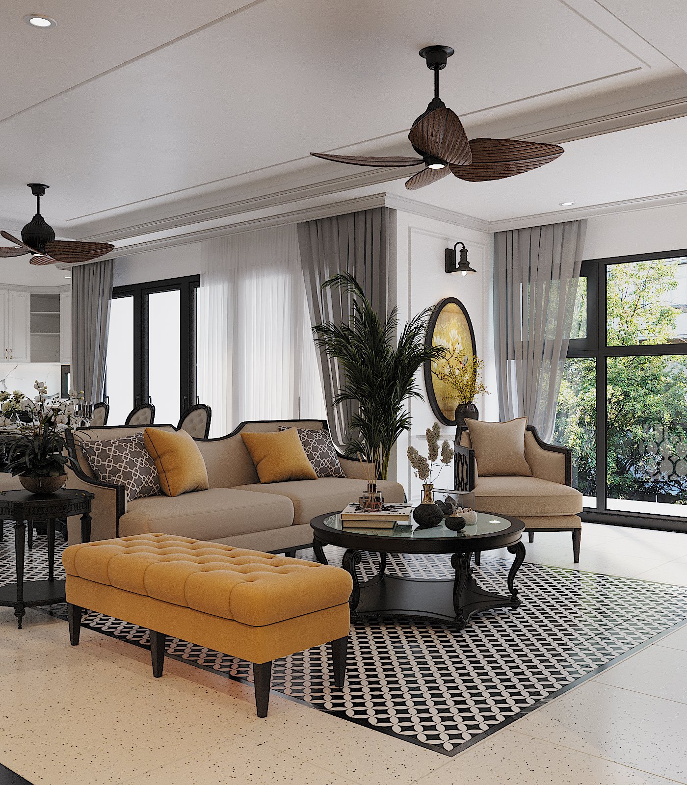 Sắc v&agrave;ng đậm chất Đ&ocirc;ng Dương truyền thống từ gối tựa, băng ghế d&agrave;i tạo điểm nhấn bắt mắt cho kh&ocirc;ng gian tiếp kh&aacute;ch.