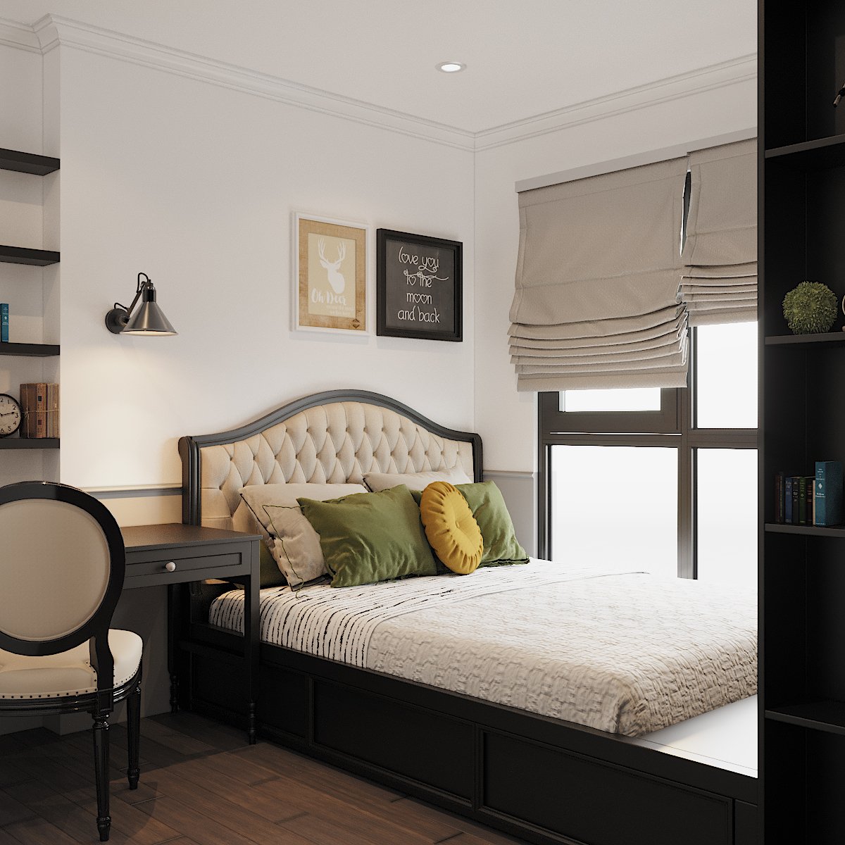 R&egrave;m vải xếp m&agrave;u x&aacute;m nhạt thanh lịch gi&uacute;p điều tiết linh hoạt &aacute;nh s&aacute;ng tự nhi&ecirc;n v&agrave;o ph&ograve;ng, đồng thời đảm bảo t&iacute;nh ri&ecirc;ng tư thiết yếu.