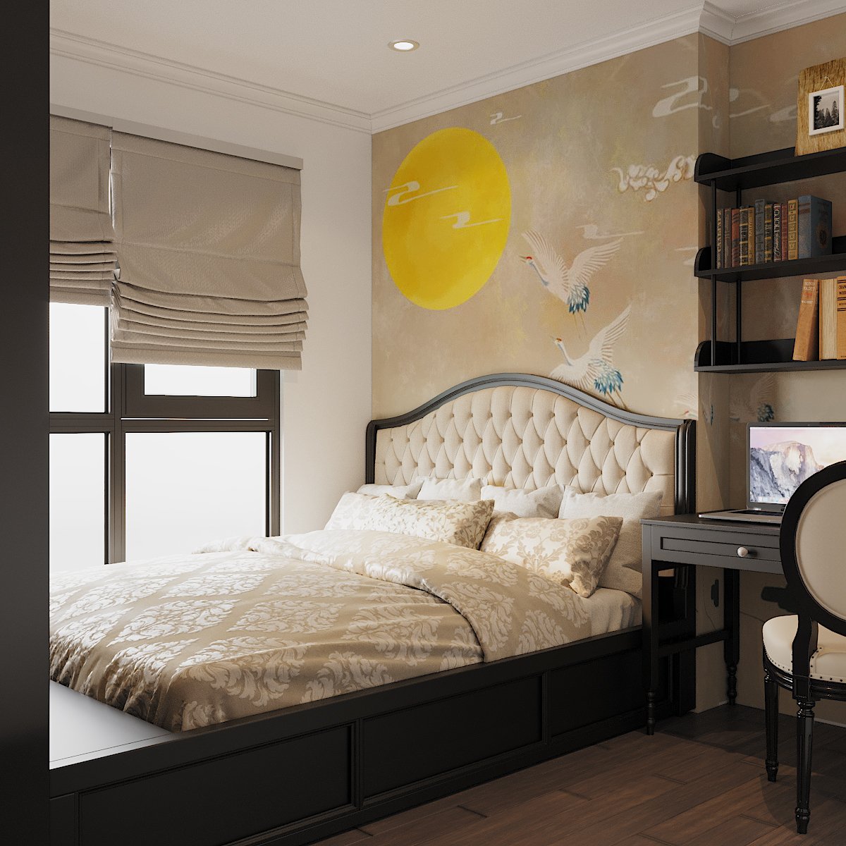 H&igrave;nh ảnh c&aacute;nh hạc sải c&aacute;nh bay về ph&iacute;a mặt trời tạo điểm nhấn h&uacute;t mắt trong ph&ograve;ng ngủ n&agrave;y, mang lại cảm gi&aacute;c b&igrave;nh y&ecirc;n, thư th&aacute;i.