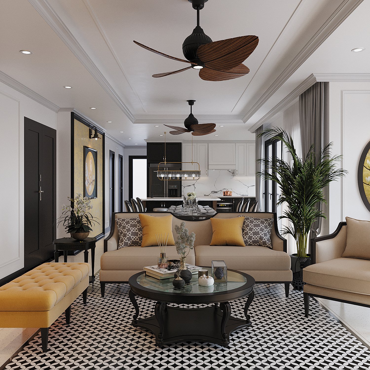 ph&ograve;ng kh&aacute;ch phong c&aacute;ch Indochine trong căn hộ 166m2