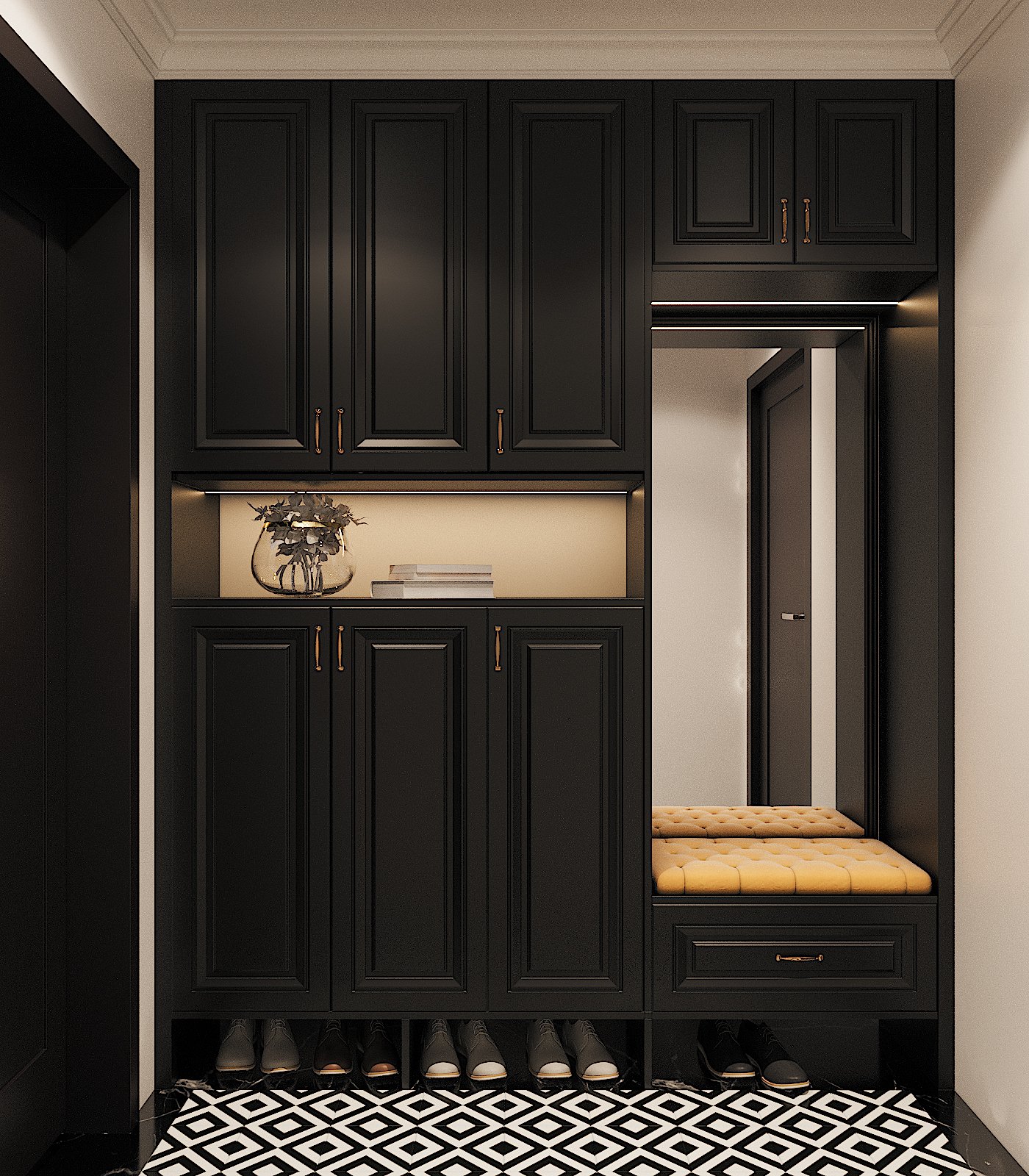 Kh&ocirc;ng gian lối v&agrave;o căn hộ với hệ tủ m&agrave;u đen b&iacute; ẩn.