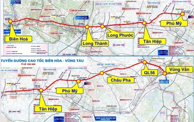 Sơ đồ c&aacute;c đoạn tuyến của cao tốc Bi&ecirc;n H&ograve;a - Vũng T&agrave;u