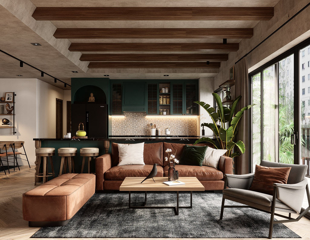 Kinh nghiệm thiết kế nội thất nhà đẹp phòng khách đẹp với sofa màu nâu, dầm gỗ, tủ màu xanh lá đậm