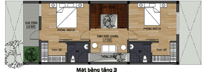 Mặt bằng bố trí nội thất tầng 3 nhà ống