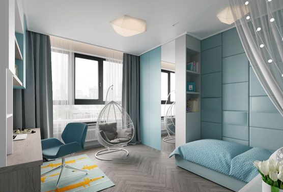 Phòng con gái tuổi teen với bảng màu xanh nhẹ nhàng, tinh tế. Căn phòng đủ rộng để tích hợp góc học tập, ghế treo thư giãn.