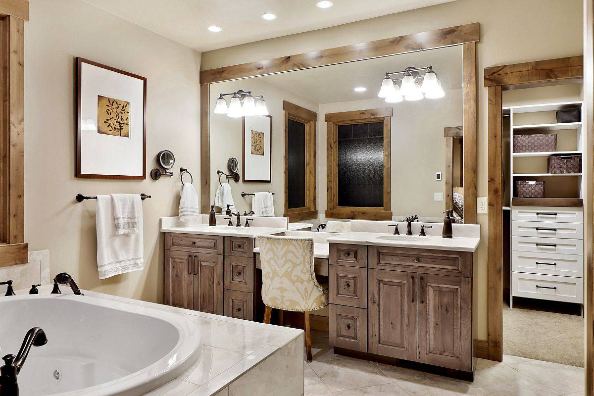 Tủ Vanity với khung gỗ tăng th&ecirc;m vẻ đẹp mộc mạc cho ph&ograve;ng tắm hiện đại n&agrave;y.