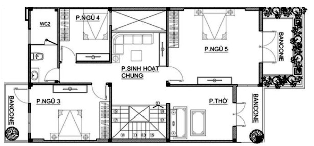 Mặt bằng bố trí nội thất tầng 2 biệt thự