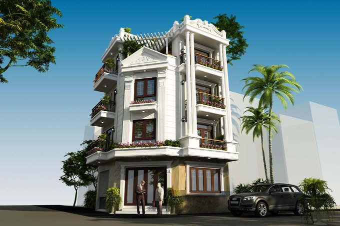 Phối cảnh 3D mẫu nhà lô góc 4 tầng trên diện tích 62m2