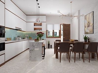 Phòng ăn và bếp nấu được tách biệt tương đối bởi bàn đảo tích hợp quầy bar mini. Tủ bếp cao kịch trần cung cấp không gian lưu trữ thoải mái.