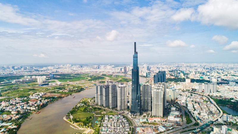 hình ảnh một góc TP.HCM nhìn từ trên cao với tòa tháp cao chọc trời, biểu tượng của TP.HCM