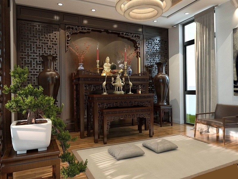 Kh&ocirc;ng gian ph&ograve;ng thờ sử dụng nội thất gỗ tự nhi&ecirc;n t&ocirc;ng m&agrave;u trầm ấm.