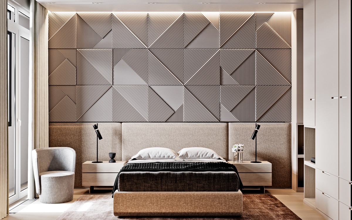 Gạch ốp tạo hiệu ứng ấn tượng cho đầu giường. Dải đ&egrave;n LED l&agrave;m nổi bật kết cấu tường, chiều s&acirc;u kh&ocirc;ng gian. Đầu giường bọc nệm tinh gọn, vừa vặn với chiều rộng của căn ph&ograve;ng.