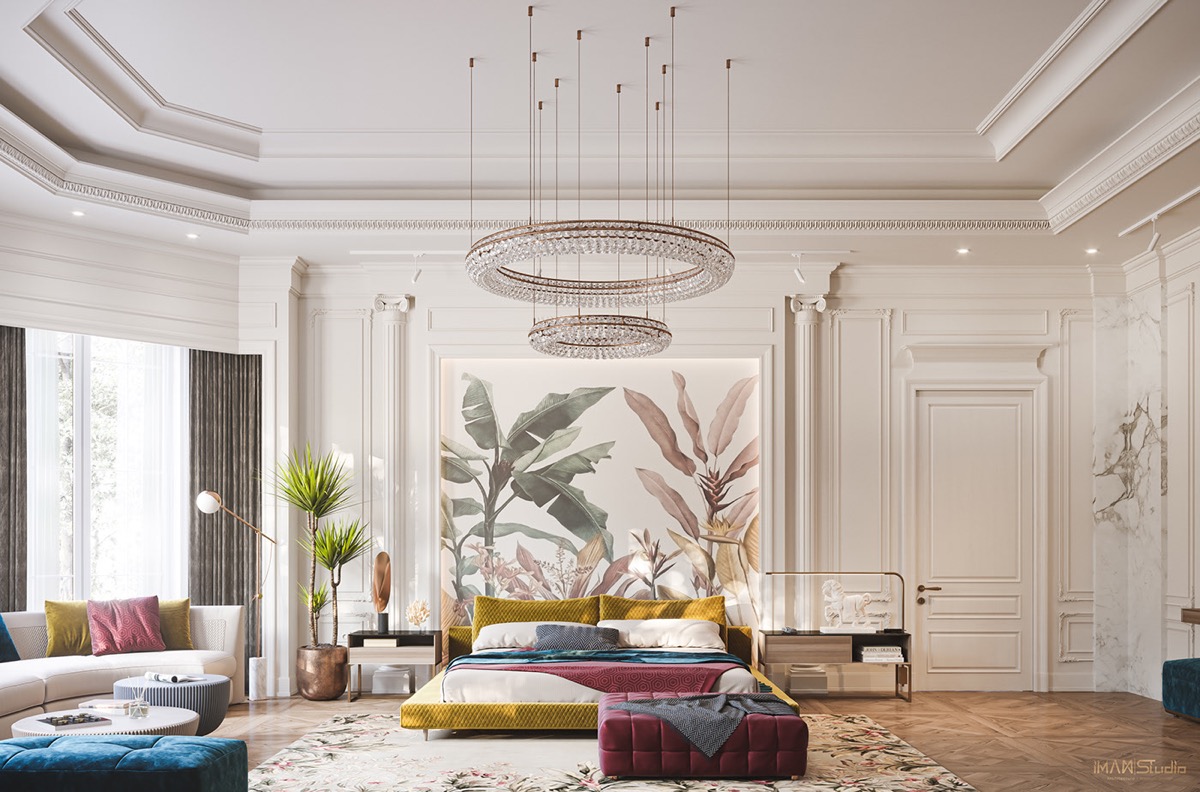 Mẫu thiết kế ph&ograve;ng ngủ đẹp, m&agrave;u sắc tươi s&aacute;ng với bức tranh tường vẽ c&aacute;c loại c&acirc;y v&ugrave;ng nhiệt đới xanh tốt. C&aacute;c chi tiết t&acirc;n cổ điển c&acirc;n bằng yếu tố trẻ trung, vui nhộn.