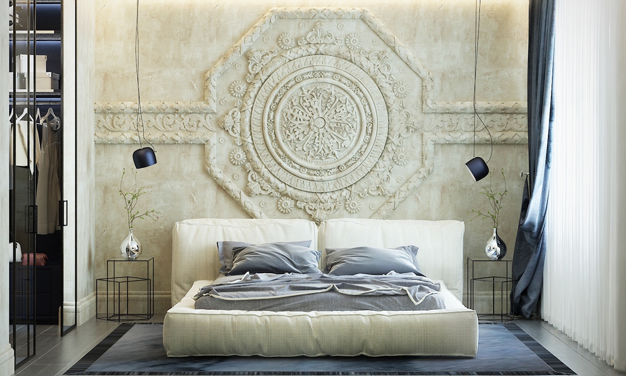 Bức tường chạm khắc ph&ugrave; đi&ecirc;u Mandala tạo ra một điểm thiền định y&ecirc;n b&igrave;nh, tĩnh lặng. Nơi gia chủ c&oacute; thể tr&uacute;t bỏ mọi ưu phi&ecirc;n của cuộc sống b&ecirc;n ngo&agrave;i c&aacute;nh cửa ph&ograve;ng ngủ.