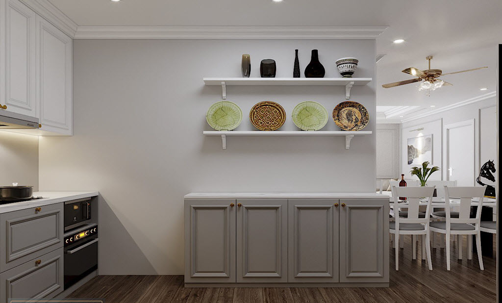 Trong căn hộ 3 phòng ngủ, các chi tiết trang trí đều được tính toán tỉ mỉ, không quá rườm rà mà vẫn đảm bảo những đặc trưng cơ bản của phong cách Tân cổ điển.