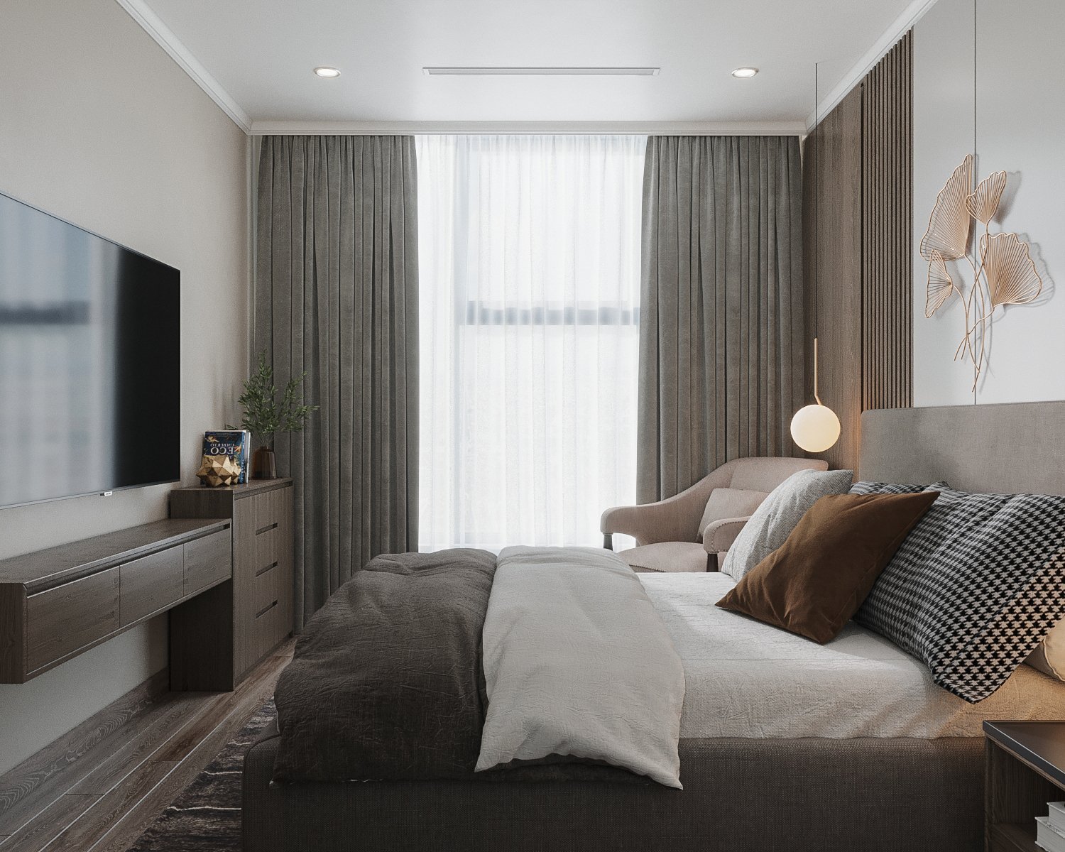 Tuy không quá rộng rãi nhưng phòng ngủ vẫn được bố trí đủ đầy tiện ích hiện đại, phục vụ nhu cầu giải trí, thư giãn của gia chủ.