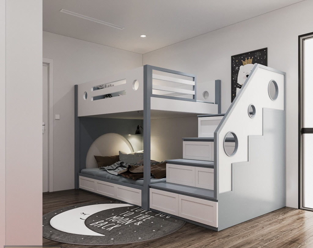 Thiết kế phòng trẻ em được đánh giá là điểm nhấn ấn tượng trong căn hộ này. Căn phòng đảm bảo cả công thái học lẫn tính thẩm mỹ.