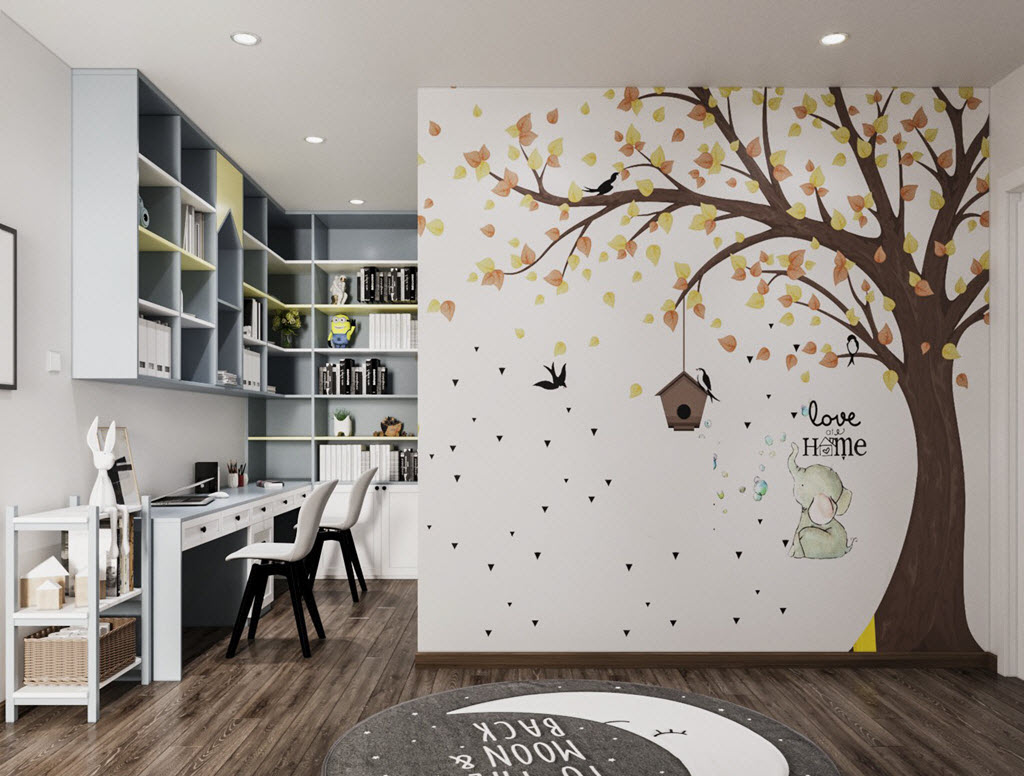 Góc học tập với bàn đôi, giá kệ gắn tường thoáng gọn. Cùng với đó là góc vui chơi, thư giãn được trang trí vô cùng bắt mắt, hẳn sẽ khiến các bé mê mệt.