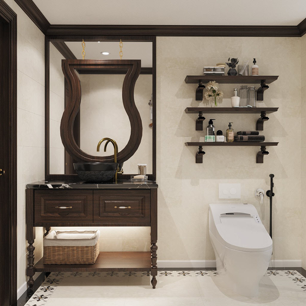 Ph&ograve;ng vệ sinh phong c&aacute;ch Indochine sang trọng v&agrave; tho&aacute;ng đ&atilde;ng với tủ lưu trữ, kệ mở gắn tường gọn đẹp.