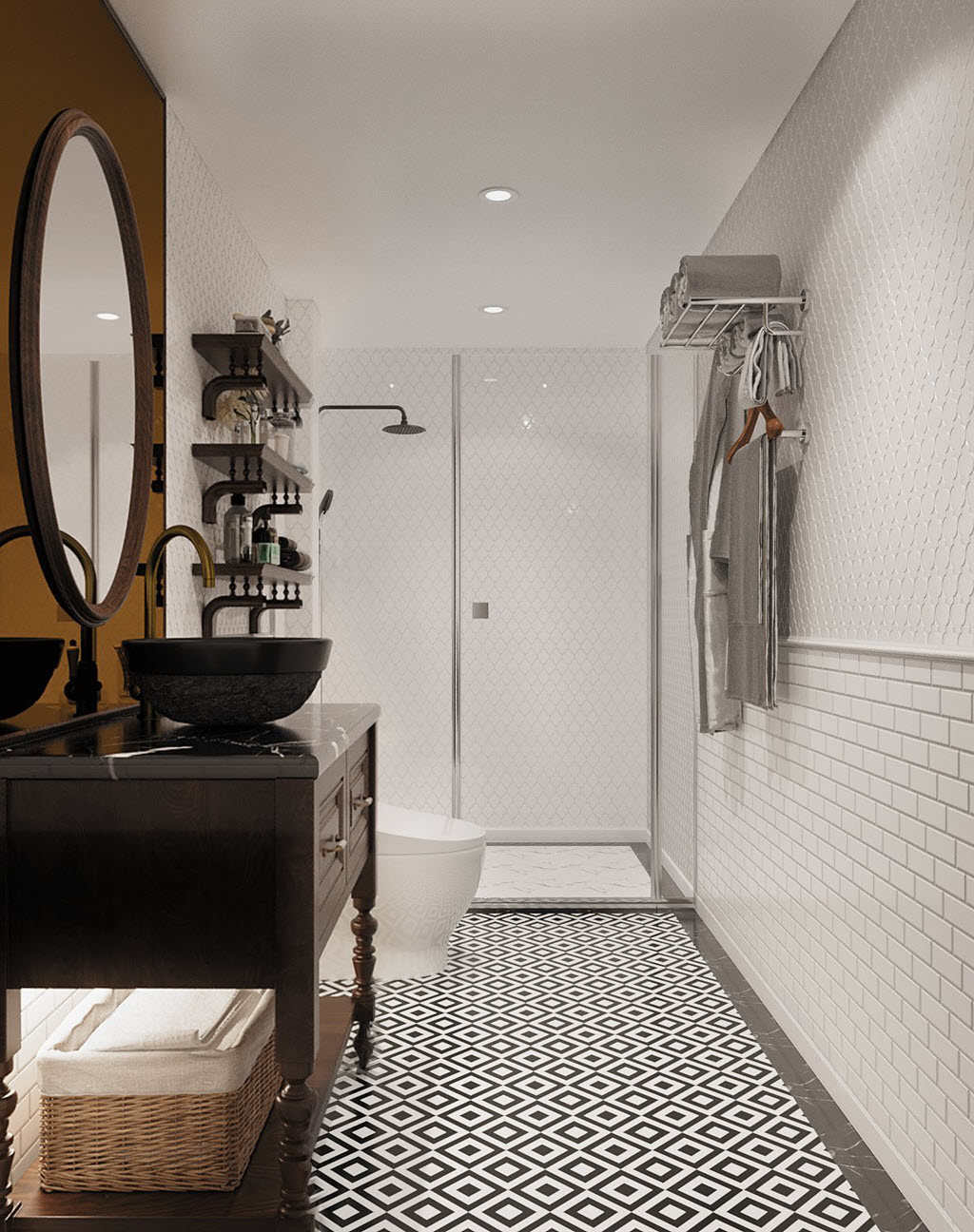 Buồng tắm k&iacute;nh được bố tr&iacute; gọn g&agrave;ng ở ph&iacute;a trong.