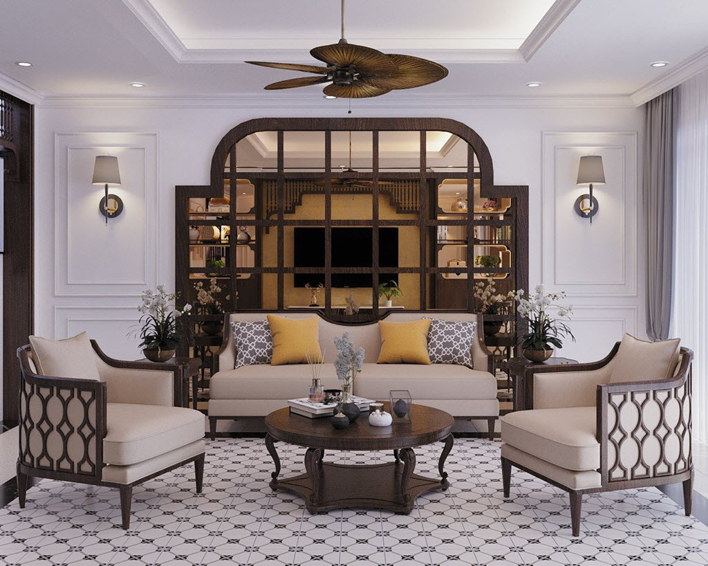 Ph&ograve;ng kh&aacute;ch to&aacute;t l&ecirc;n vẻ sang trọng, tinh tế với điểm nhấn ấn tượng l&agrave; khung gương chiếm phần lớn diện t&iacute;ch tường ph&iacute;a sau ghế sofa, tạo ảo gi&aacute;c kh&ocirc;ng gian như tho&aacute;ng rộng hơn.