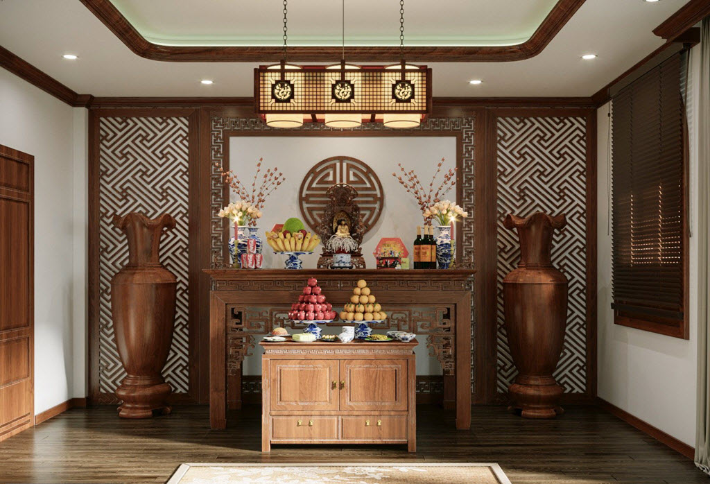 Thiết kế ph&ograve;ng thờ theo phong c&aacute;ch truyền thống, vừa tạo cảm gi&aacute;c ấm c&uacute;ng, vừa đảm bảo t&iacute;nh trang nghi&ecirc;m cần c&oacute;.