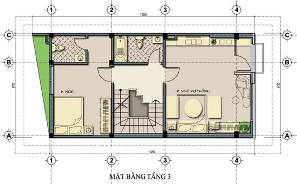 Mặt bằng bố tr&iacute; nội thất tầng 3 nh&agrave; ống