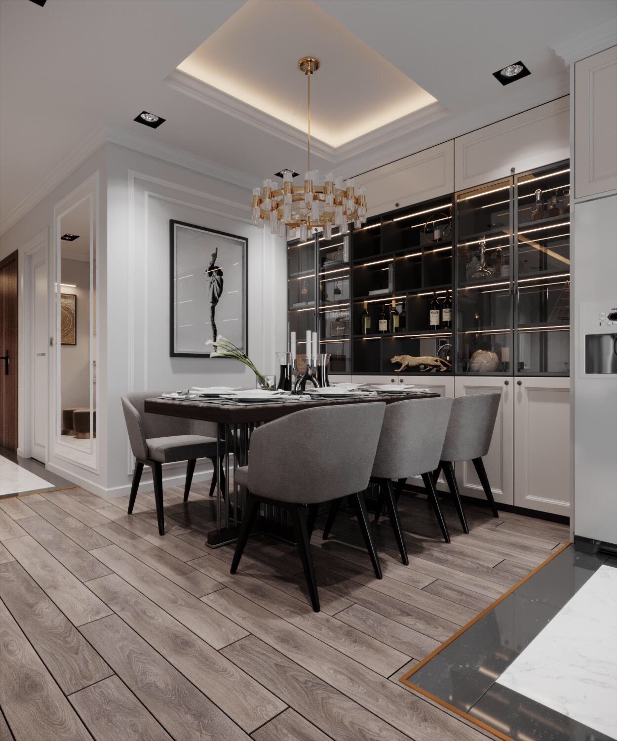 Tủ rượu kết kết hợp c&ugrave;ng đ&egrave;n ch&ugrave;m tạo th&agrave;nh điểm nhấn sang trọng cho ph&ograve;ng ăn. Chất liệu gương k&iacute;nh v&agrave; t&ocirc;ng m&agrave;u đen l&agrave;m tăng chiều s&acirc;u cho kh&ocirc;ng gian.