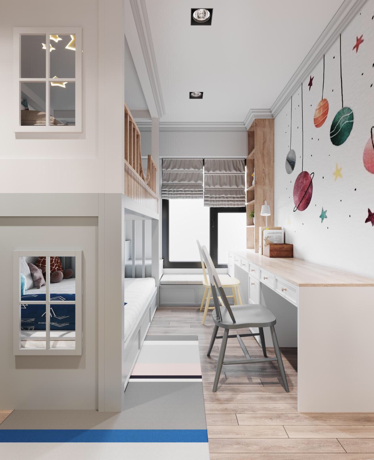 G&oacute;c học tập đ&ocirc;i d&agrave;nh cho hai b&eacute; với bức tường decor ấn tượng.