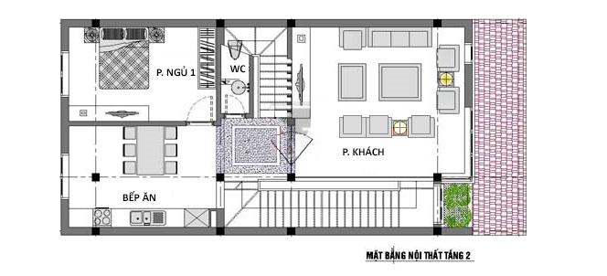 Mặt bằng bố trí nội thất tầng 2 nhà ống