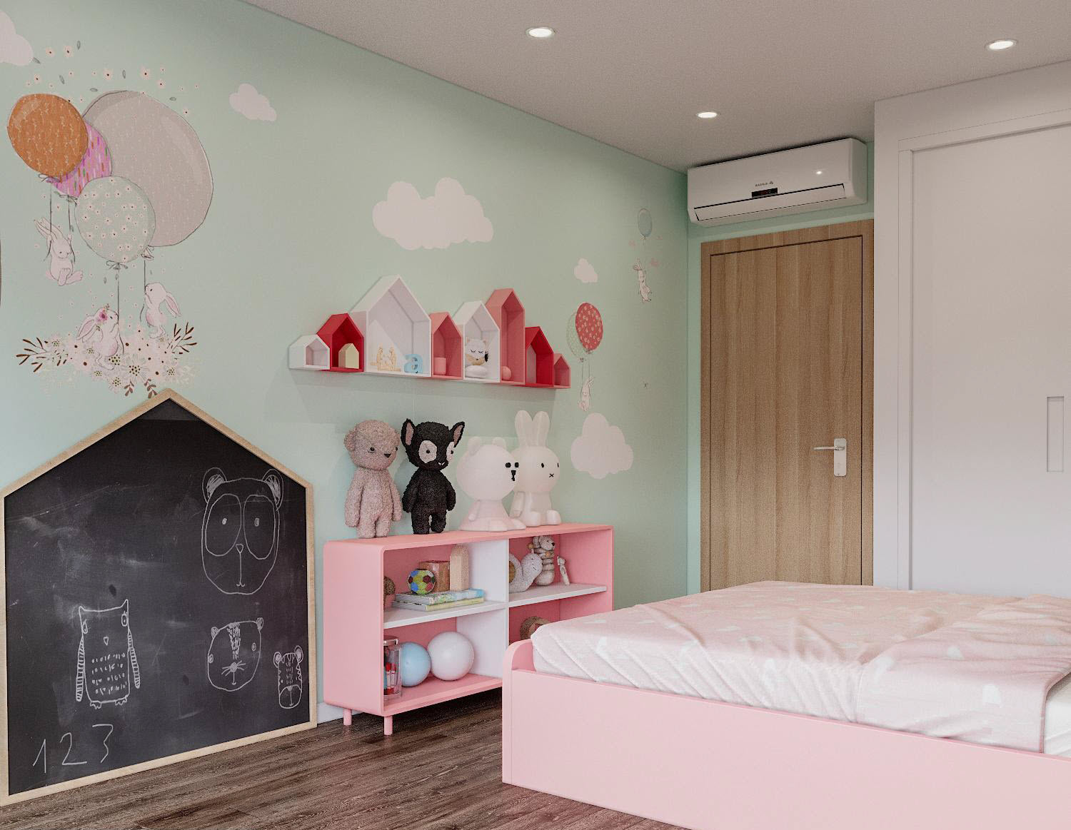 Góc học tập, vui chơi được tích hợp tinh tế trong phòng ngủ này. Bảng đen cuối giường là nơi trẻ thỏa sức thể hiện ý tưởng, trí tưởng tượng phong phú.