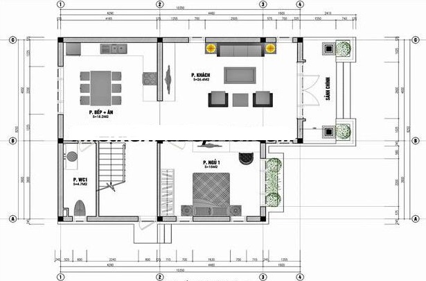 Mặt bằng tầng 1 biệt thự m&aacute;i Th&aacute;i