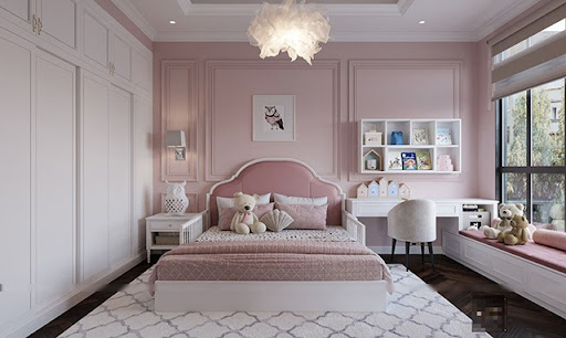 Ph&ograve;ng ngủ b&eacute; g&aacute;i nhẹ nh&agrave;ng, xinh y&ecirc;u với t&ocirc;ng m&agrave;u hồng pastel v&ocirc; c&ugrave;ng nữ t&iacute;nh.