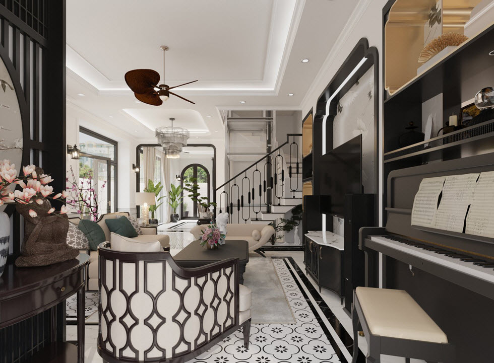 Cạnh ph&ograve;ng kh&aacute;ch, kiến tr&uacute;c sư bố tr&iacute; g&oacute;c thư gi&atilde;n với đ&agrave;n piano, tủ kệ trang tr&iacute; tinh tế.