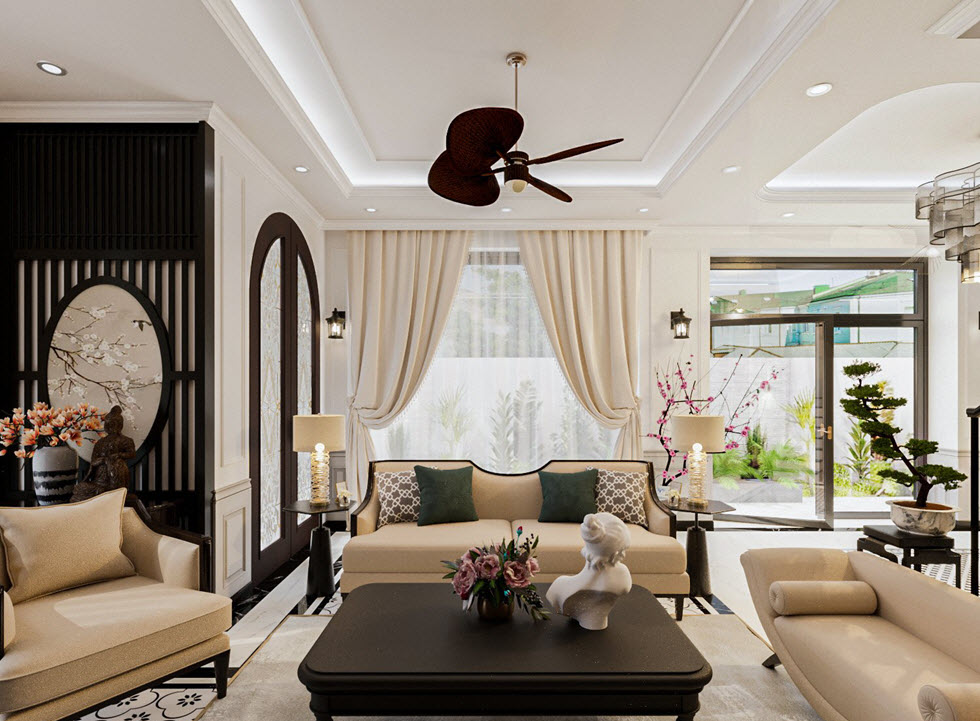 Hệ cửa v&agrave; tường k&iacute;nh trong suốt mang lại tầm nh&igrave;n tho&aacute;ng đ&atilde;ng ra khoảng s&acirc;n b&ecirc;n ngo&agrave;i. Kh&ocirc;ng gian sinh hoạt chung nhờ đ&oacute; lu&ocirc;n ngập tr&agrave;n &aacute;nh s&aacute;ng tự nhi&ecirc;n v&agrave;o ban ng&agrave;y.