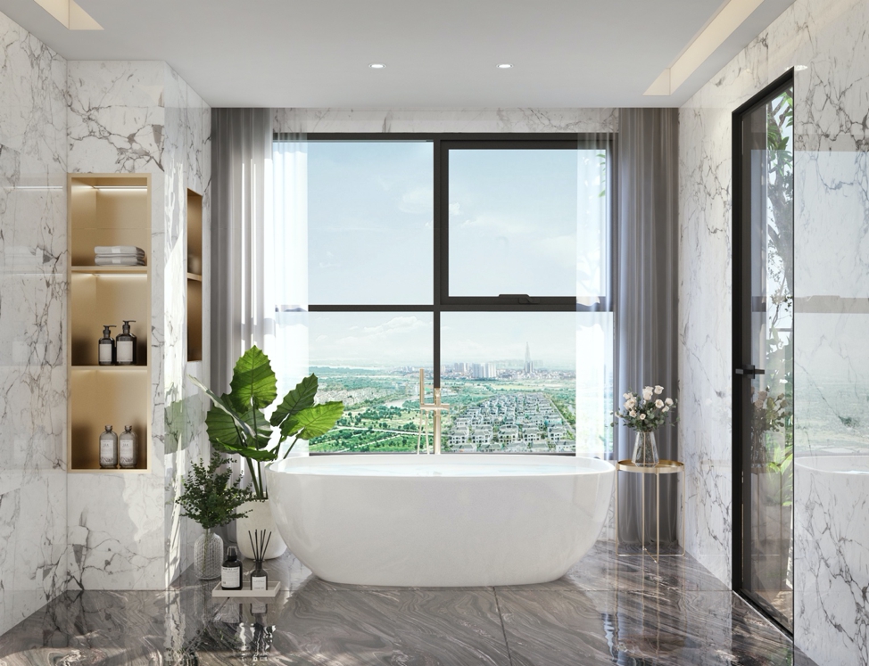 A bathroom with a tub and shelvesDescription automatically generated with low confidence