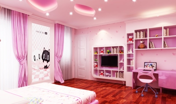 Nếu c&ocirc; con g&aacute;i của bạn chuộng t&ocirc;ng m&agrave;u hồng ngọt ng&agrave;o, bạn c&oacute; thể tham khảo mẫu thiết kế nội thất ph&ograve;ng ngủ n&agrave;y.