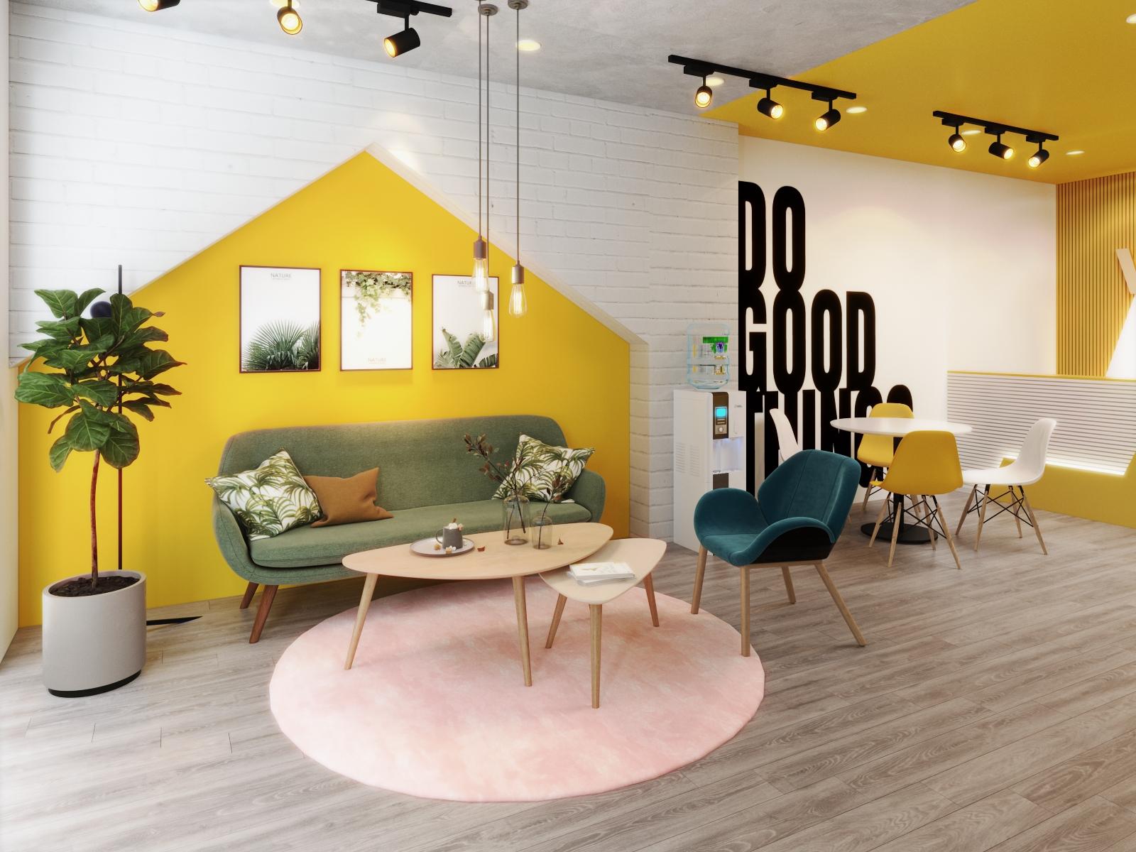 Kh&ocirc;ng gian tiếp kh&aacute;ch được định vị bởi ghế sofa m&agrave;u xanh l&aacute; nhẹ nh&agrave;ng, bộ đ&ocirc;i b&agrave;n c&agrave; ph&ecirc; gỗ đặt tr&ecirc;n thảm hồng pastel duy&ecirc;n d&aacute;ng.