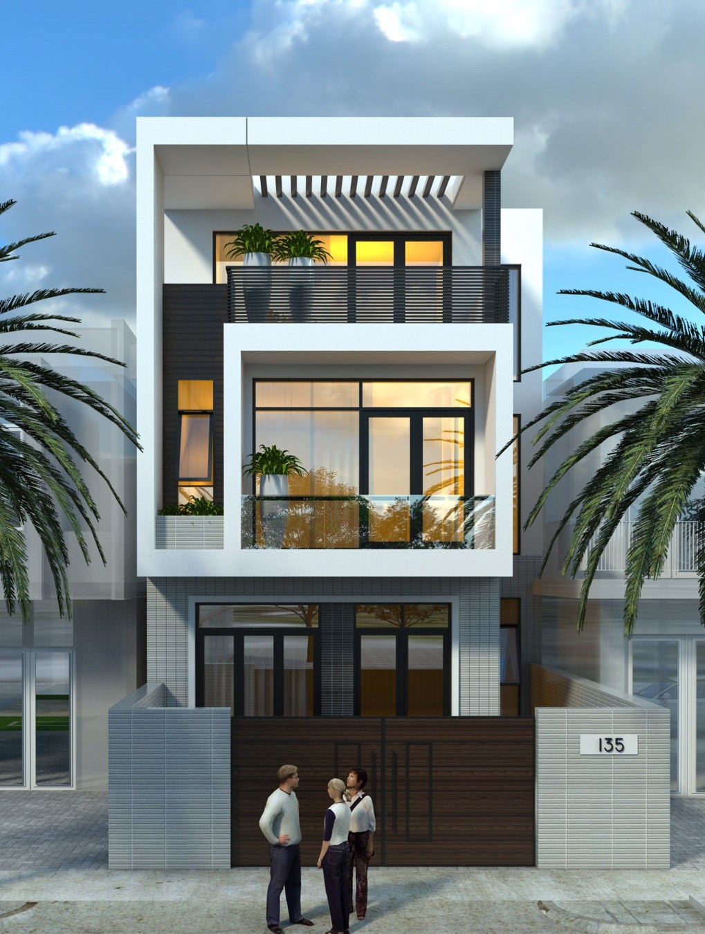 Phối cảnh 3D mẫu nhà ống 3 tầng phong cách hiện đại