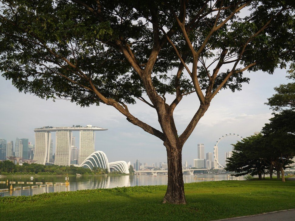 C&ocirc;ng vi&ecirc;n đối diện với khu thương mại trung t&acirc;m tại Vịnh Marina ở Singapore.